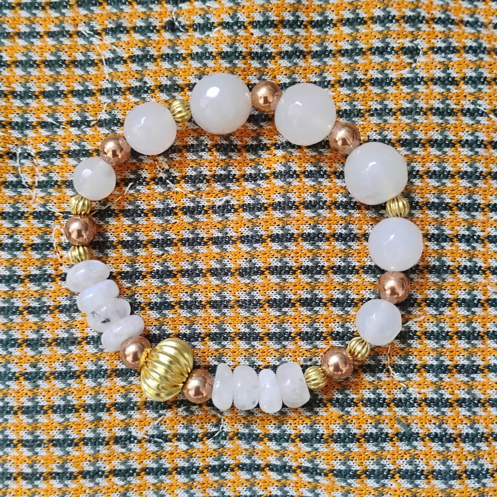 Milky Agate And Rainbow Moonstone Two Tone Bracelet - Picture 4 of 6
